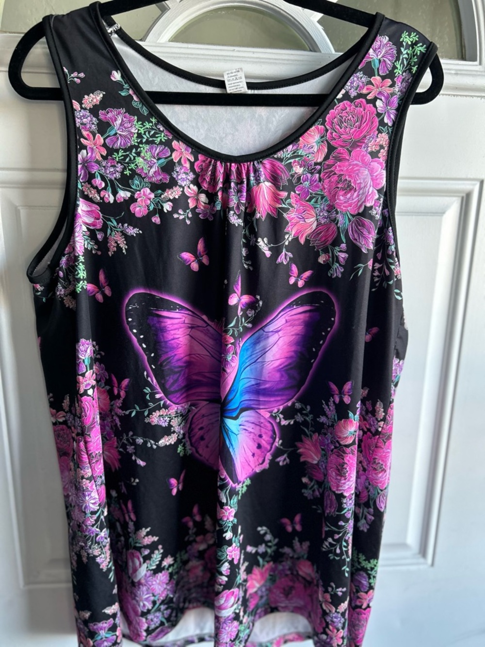 Private Label Black Tank Top with Pink & Blue Butterfly Floral Print  DB1